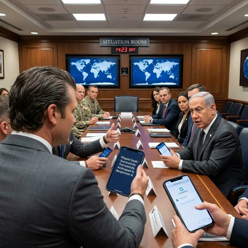 Situation Room sign, 14:23 GMT clock, officials, world maps, and phones reading “Squad Goals” and “AirDrop”