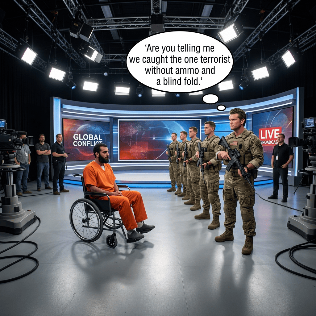 Prisoner in wheelchair faces armed soldiers on a live global conflict news set